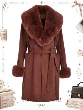 Women's Mid-Long Wool Blend Trench Coat Faux Fur Shawl Collar Belted